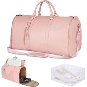 Waterproof Garment Bag for Travel, 2 in 1 PU Leather Carry On Garment Bag with Shoe Pouch, Foldable Suit Organizer with 5 Compartments, Lightweight & Durable for Business Trips, Pink