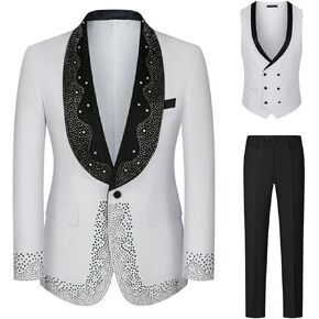 Mens Luxury 3 Pieces Suit with Rhinestone Slim Fit Shawl Lapel Blazer Jacket Vest Pants Set for Prom,Party,Dinner