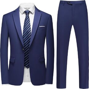 Men's Navy Blue 2 Piece Suit, Slim Fit Solid Jacket, Pants, and Tie for Business Wedding (Jacket 36/Pants Waist 32)