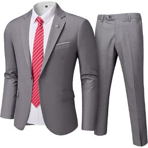 Men's Slim Fit 2 Piece Suit with Tie, One Button Solid Jacket and Pants for Business Weddings Party