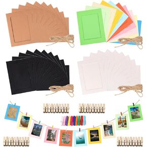105Pcs 5 Sizes Black Paper Picture Frames Cardboard Picture Frame Cardboard Photo Easels Paper Photo Frame DIY Cardboard Photo Frame with Wood Clip and Jute Twine for Wall Decor Craft