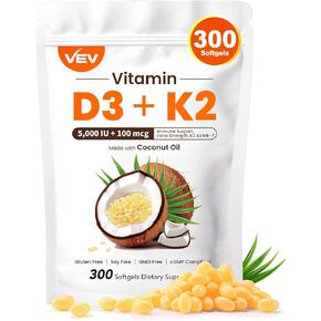 VEV Vitamin D3 CON K2 10000 IU ، 300 Virgin Coconut Oil Softgels ، 2 في 1 فيتامينات مكمل D&K (تشمل MK7) ، سهلة البلع ، تدعم امتصاص الكالسيوم ، صحة العظام (قد تختلف العبوة))