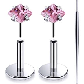 20G 18G 16G Threadless Push In Astm F136 Titanium Nose Ring Studs Flat Back Studs Earrings G23 Titanium Tragus Helix Conch Cartilage Earrings Piercing Jewelry For Women Men Clear Pink CZ