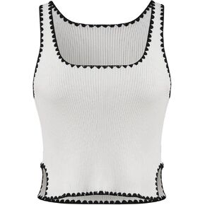 Women's Vest Casual Square Neck Sleeveless Side Contrasting Color Slim Knit Crop Top with Exposed Navel