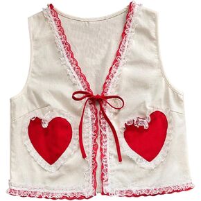 MakeMeChic Women's Cute Tie Front Vest Heart Lace Trim V Neck Tops Sleeveless Pocket Outerwear