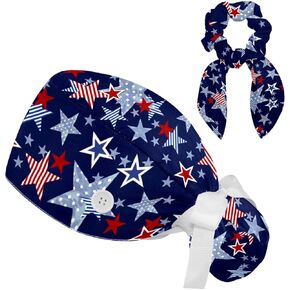 Scrub Caps Women, Surgical Caps with Ponytail Pouch and Buttons, Nurse Bouffant Adjustable, with Bow Hair Scrunchy, 4th of July Navy Blue Stars Stripes Lovely Cartoon Vintage