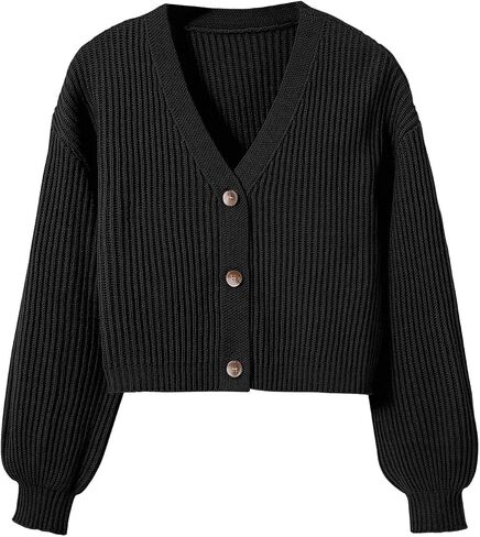 OYOANGLE Girl's Button Down Ribbed Knit V Neck Lantern Long Sleeve Cardigan Sweater Outerwear in Saudi Arabia