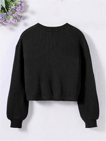 OYOANGLE Girl's Button Down Ribbed Knit V Neck Lantern Long Sleeve Cardigan Sweater Outerwear in Saudi Arabia