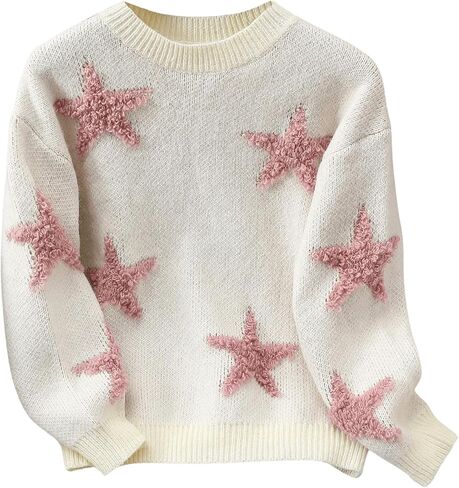 شينهي سترة سترة النجمة Pullover Print Crew Neck Long Longe Sweater Preppy in Saudi Arabia