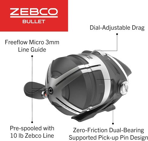 بكرة صيد الأسماك Zebco Bullet Spincast، مقاس 20 بكرة، سريعة 28.9 بوصة لكل دورة، نسبة تروس 5.8:1، هيكل معدني متين بالكامل، ترس ترس من النحاس الصلب، ملفوف مسبقًا مع خط صيد Zebco بوزن 6 رطل، أسود in Kuwait