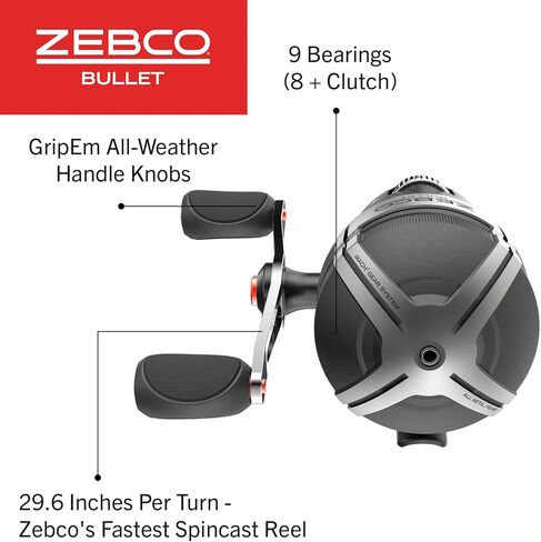بكرة صيد الأسماك Zebco Bullet Spincast، مقاس 20 بكرة، سريعة 28.9 بوصة لكل دورة، نسبة تروس 5.8:1، هيكل معدني متين بالكامل، ترس ترس من النحاس الصلب، ملفوف مسبقًا مع خط صيد Zebco بوزن 6 رطل، أسود in Kuwait