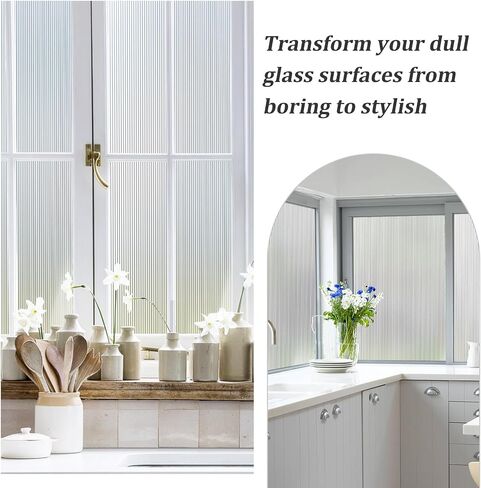 Window Privacy Film Frosted Glass Window Covers Non Adhesive Opaque Stripe Removable Sun Blocking Window Coverings Decorative Reed Stickers for Home Office Bathroom (17.5 x 78.7 Inch,Pure) in Saudi Arabia