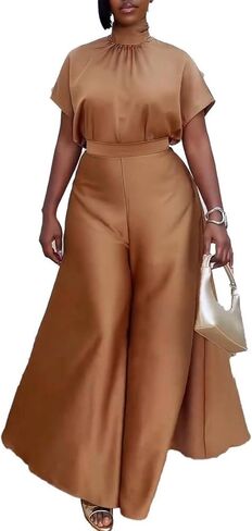 Ptorlio Elegant Women 2 Piece Outfit Satin Wide Leg Pants Short Sleeve Blouses Going Out Set in Kuwait