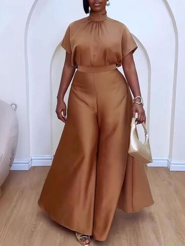 Ptorlio Elegant Women 2 Piece Outfit Satin Wide Leg Pants Short Sleeve Blouses Going Out Set in Kuwait