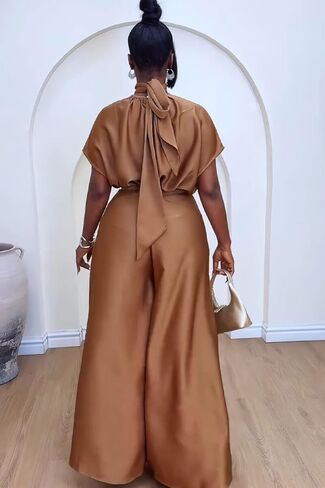 Ptorlio Elegant Women 2 Piece Outfit Satin Wide Leg Pants Short Sleeve Blouses Going Out Set in Kuwait