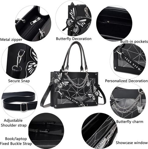 Leather Tote Bag for Women, Goth Glam Satchel Bag Large Top Handle Handbags for Lady Purse - Cobwebs Butterfly in Kuwait