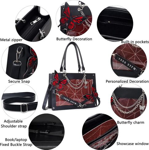 Leather Tote Bag for Women, Goth Glam Satchel Bag Large Top Handle Handbags for Lady Purse - Cobwebs Butterfly in Kuwait