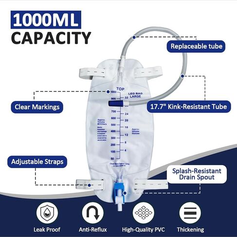 5Pcs 1000ml Leg Bag with 18" Tubing – Wearable, Leak-Proof & Easy to Use with Adjustable Straps for Outdoor & Daily Activities, Blue in Saudi Arabia