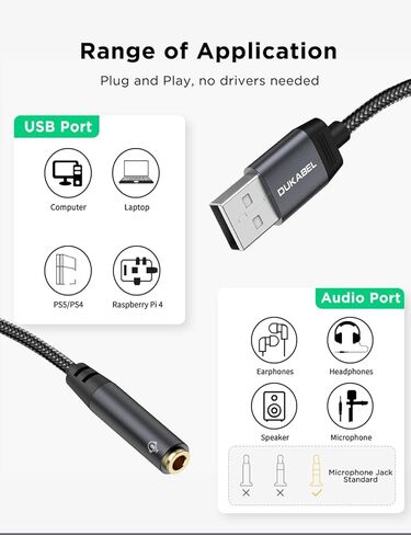 موزع صوت USB من DUKABEL، محول مقبس صوت USB إلى 3.5 مم مع مقابس TRRS مزدوجة 4 أقطاب، موزع ستيريو USB Aux للكمبيوتر الشخصي والكمبيوتر المحمول وماك وأجهزة الكمبيوتر المكتبية ولينكس وPS4 وPS5 والمزيد (رمادي) in Kuwait