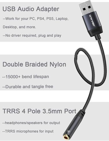 موزع صوت USB من DUKABEL، محول مقبس صوت USB إلى 3.5 مم مع مقابس TRRS مزدوجة 4 أقطاب، موزع ستيريو USB Aux للكمبيوتر الشخصي والكمبيوتر المحمول وماك وأجهزة الكمبيوتر المكتبية ولينكس وPS4 وPS5 والمزيد (رمادي) in Kuwait