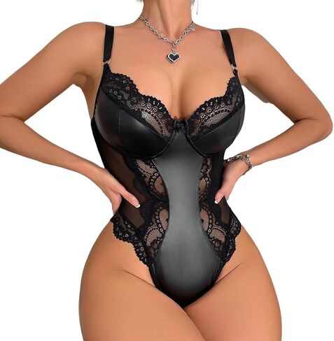 Lingerie for Women Sexy Leather Lace Bodysuit Push Up Snap Crotch Teddy One Piece Babydoll in Kuwait