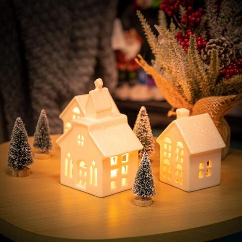 ZTL 7PCS Christmas Village Sets - 3 LED Lighted Ceramic White Christmas Village Houses with Remote & 4 Trees, Porcelain Miniature Christmas Figurines Decorations for Home Tabletop Mantel Shelf Decor in Kuwait