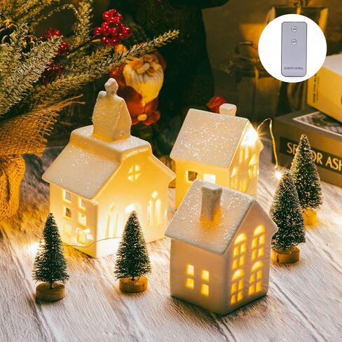 ZTL 7PCS Christmas Village Sets - 3 LED Lighted Ceramic White Christmas Village Houses with Remote & 4 Trees, Porcelain Miniature Christmas Figurines Decorations for Home Tabletop Mantel Shelf Decor in Kuwait