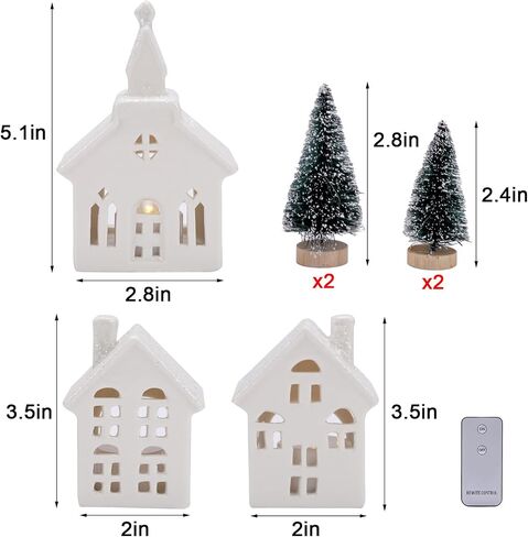ZTL 7PCS Christmas Village Sets - 3 LED Lighted Ceramic White Christmas Village Houses with Remote & 4 Trees, Porcelain Miniature Christmas Figurines Decorations for Home Tabletop Mantel Shelf Decor in Kuwait