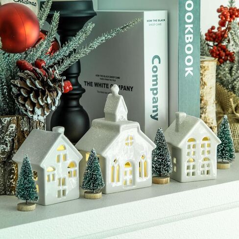 ZTL 7PCS Christmas Village Sets - 3 LED Lighted Ceramic White Christmas Village Houses with Remote & 4 Trees, Porcelain Miniature Christmas Figurines Decorations for Home Tabletop Mantel Shelf Decor in Kuwait