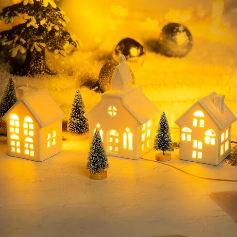 ZTL 7PCS Christmas Village Sets - 3 LED Lighted Ceramic White Christmas Village Houses with Remote & 4 Trees, Porcelain Miniature Christmas Figurines Decorations for Home Tabletop Mantel Shelf Decor in Kuwait