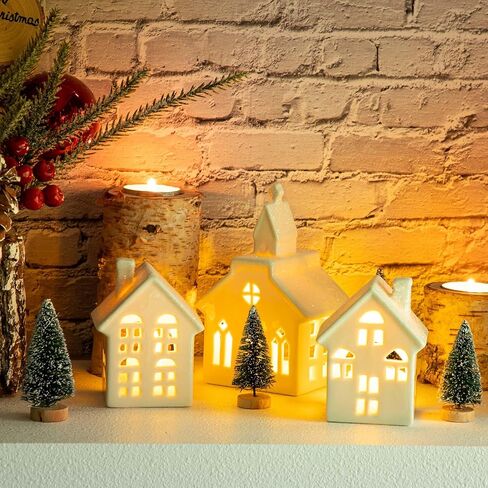 ZTL 7PCS Christmas Village Sets - 3 LED Lighted Ceramic White Christmas Village Houses with Remote & 4 Trees, Porcelain Miniature Christmas Figurines Decorations for Home Tabletop Mantel Shelf Decor in Kuwait