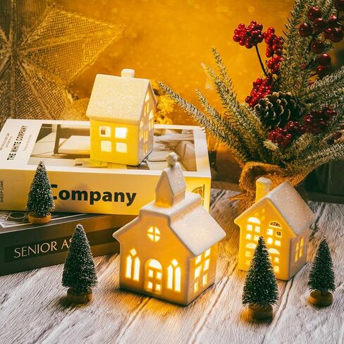 ZTL 7PCS Christmas Village Sets - 3 LED Lighted Ceramic White Christmas Village Houses with Remote & 4 Trees, Porcelain Miniature Christmas Figurines Decorations for Home Tabletop Mantel Shelf Decor in Kuwait