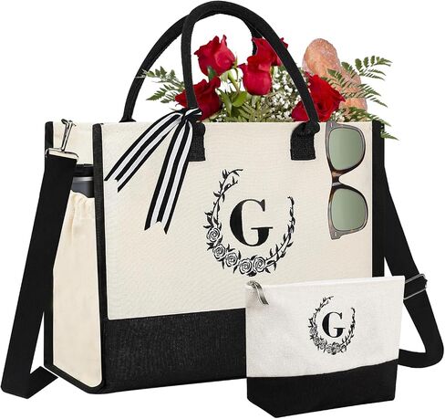 Personalized Floral Initial Tote Bag with Makeup Bag,Large Canvas Beach and Travel Bag for Moms, Grandmas in Saudi Arabia