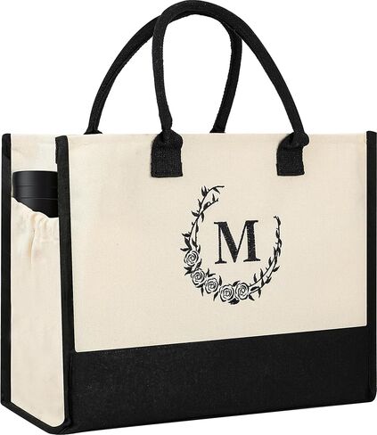Personalized Floral Initial Tote Bag with Makeup Bag,Large Canvas Beach and Travel Bag for Moms, Grandmas in Saudi Arabia