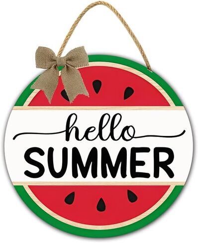 TYmall Hello Summer Sign Watermelon Sign Round Summer Watermelon Wooden Plaque Welcome Sign Watermelon Hanging Sign for Front Door Farmhouse Wall Porch Decorations 12" in Kuwait