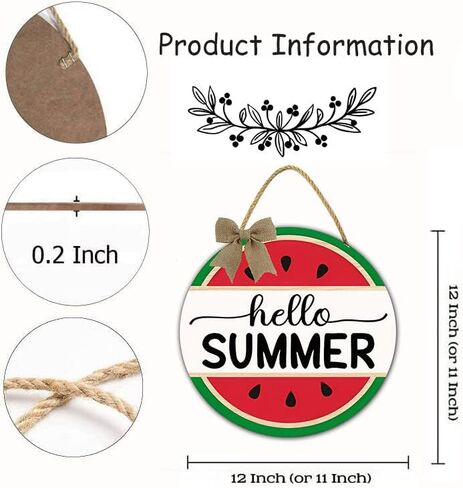 TYmall Hello Summer Sign Watermelon Sign Round Summer Watermelon Wooden Plaque Welcome Sign Watermelon Hanging Sign for Front Door Farmhouse Wall Porch Decorations 12" in Kuwait