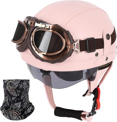 Vintage German Leather Motorcycle Half Helmet, DOT Approved Adult Men Women Half Face Motorcycle Helmets, with Goggles and Visor, for Bicycle Cruiser Scooter Chopper(Brown,M(57~58cm)) in Saudi Arabia