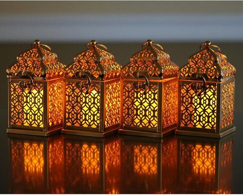 VELA LANTERNS Mini Golden Tower Temple Moroccan Lantern Lamp Decorative Candle Holders for Ramadan Decorations, Hanging, Outdoor Patio or Porch, Indoor Home Decor, Gold, Set of 4 in Kuwait