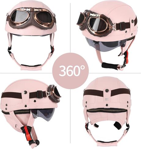 Vintage German Leather Motorcycle Half Helmet, DOT Approved Adult Men Women Half Face Motorcycle Helmets, with Goggles and Visor, for Bicycle Cruiser Scooter Chopper(Brown,M(57~58cm)) in Saudi Arabia