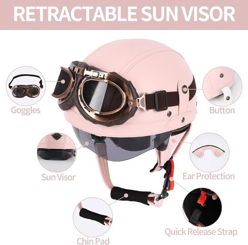Vintage German Leather Motorcycle Half Helmet, DOT Approved Adult Men Women Half Face Motorcycle Helmets, with Goggles and Visor, for Bicycle Cruiser Scooter Chopper(Brown,M(57~58cm)) in Saudi Arabia
