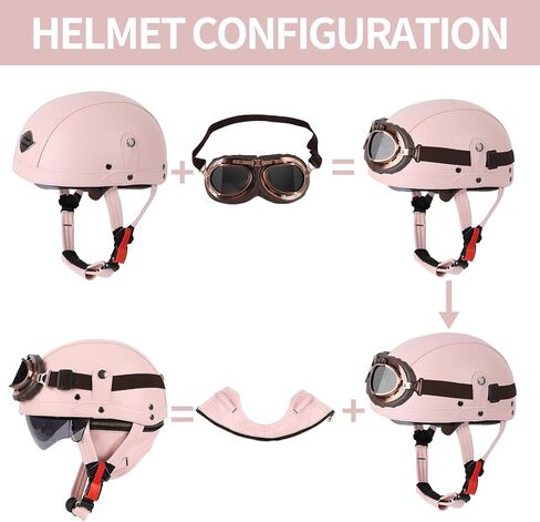 Vintage German Leather Motorcycle Half Helmet, DOT Approved Adult Men Women Half Face Motorcycle Helmets, with Goggles and Visor, for Bicycle Cruiser Scooter Chopper(Brown,M(57~58cm)) in Saudi Arabia