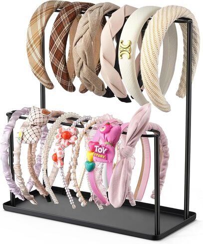 Headband Holder Organizer Metal 2-Tier with Tray: Hair Accessories Display Stand Storage Hairband Rack Necklace Stand Home Bedroom for Girls Women, Gold in Saudi Arabia