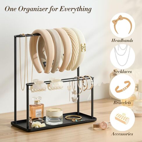 Headband Holder Organizer Metal 2-Tier with Tray: Hair Accessories Display Stand Storage Hairband Rack Necklace Stand Home Bedroom for Girls Women, Gold in Saudi Arabia