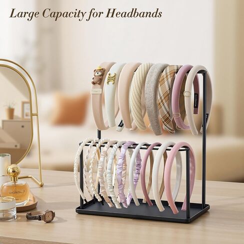 Headband Holder Organizer Metal 2-Tier with Tray: Hair Accessories Display Stand Storage Hairband Rack Necklace Stand Home Bedroom for Girls Women, Gold in Saudi Arabia