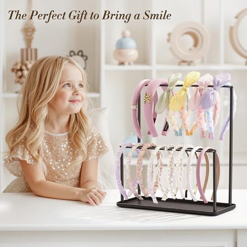 Headband Holder Organizer Metal 2-Tier with Tray: Hair Accessories Display Stand Storage Hairband Rack Necklace Stand Home Bedroom for Girls Women, Gold in Saudi Arabia