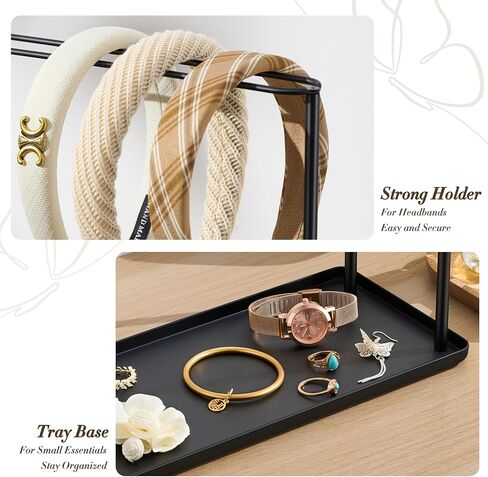 Headband Holder Organizer Metal 2-Tier with Tray: Hair Accessories Display Stand Storage Hairband Rack Necklace Stand Home Bedroom for Girls Women, Gold in Saudi Arabia