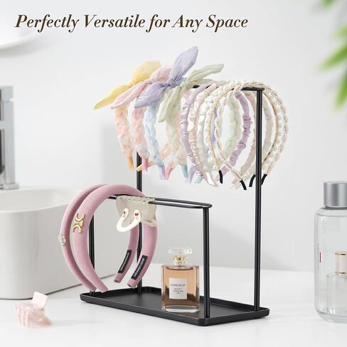 Headband Holder Organizer Metal 2-Tier with Tray: Hair Accessories Display Stand Storage Hairband Rack Necklace Stand Home Bedroom for Girls Women, Gold in Saudi Arabia