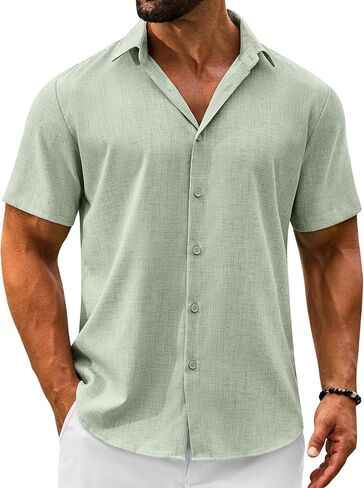 Men's Linen Shirts Short Sleeve Casual Button Down Shirts Summer Beach Wedding Vacation Cotton Tops in Saudi Arabia