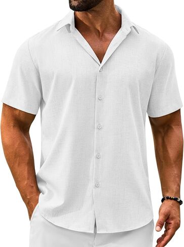 Men's Linen Shirts Short Sleeve Casual Button Down Shirts Summer Beach Wedding Vacation Cotton Tops in Saudi Arabia