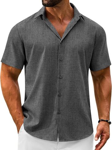 Men's Linen Shirts Short Sleeve Casual Button Down Shirts Summer Beach Wedding Vacation Cotton Tops in Saudi Arabia